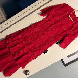 Lulu’s - By The Vineyard Red Embroidered Ruffled Midi Dress
